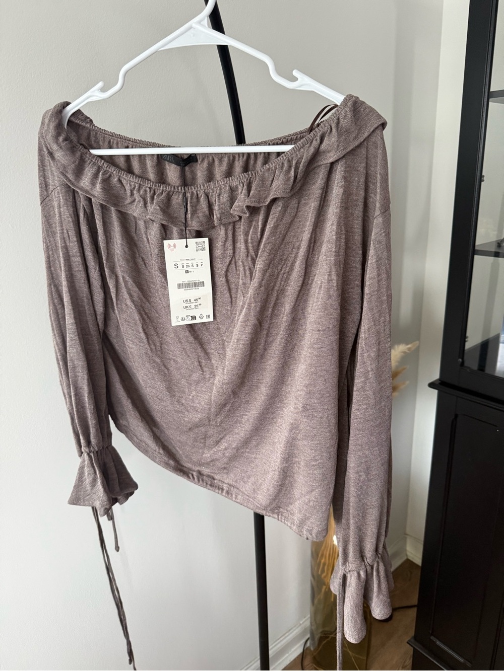 Zara Off-Shoulder Ruffle Top - Taupe Brown